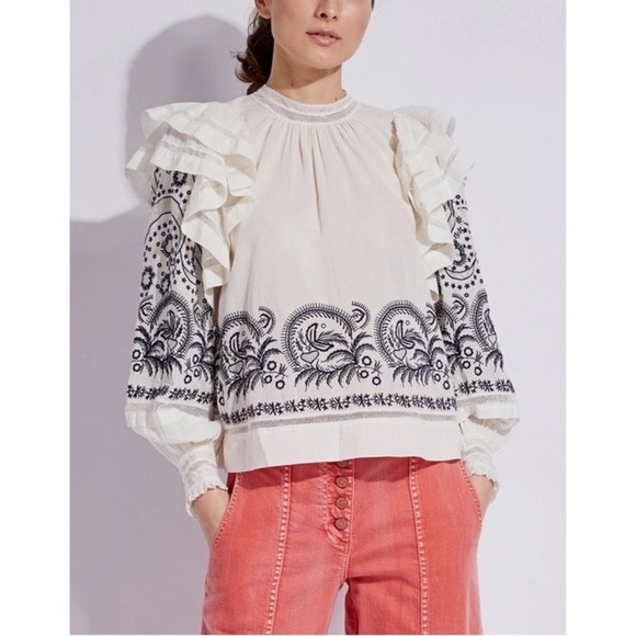 ULLA JOHNSON White Black Annetta Ruffle Embroidered Top Sz 2 - Picture 2 of 16